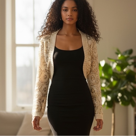 LN White House Black Market Cropped Embroidered Knit Sequin Open Cardigan Y2K - Picture 13 of 16